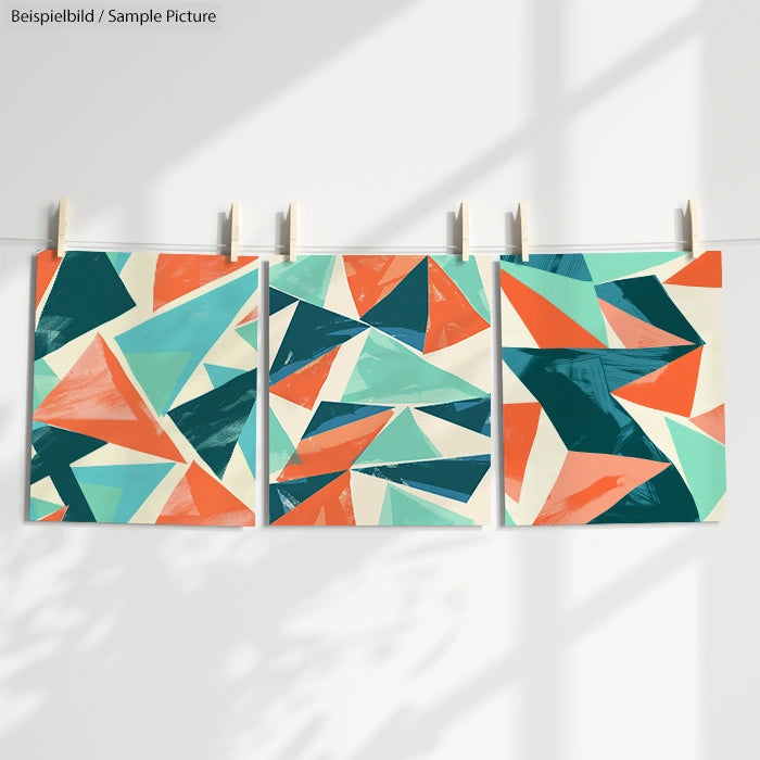 Three abstract geometric prints with teal, coral, and cream triangles hanging on twine with clothespins.