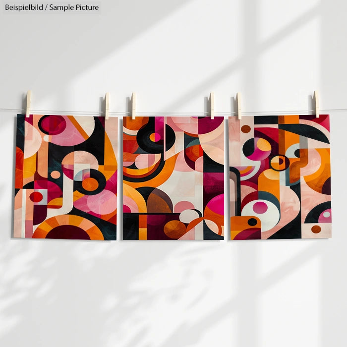 Three abstract geometric art prints with circular and angular shapes in orange, pink, and black shades.