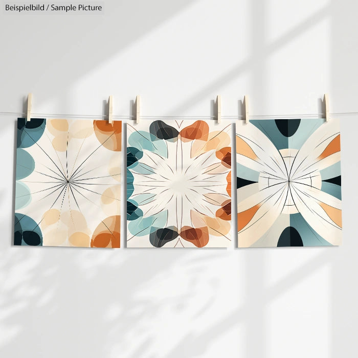 Abstract art prints with geometric patterns in orange, blue, and beige, hanging on a white wall with clothespins.