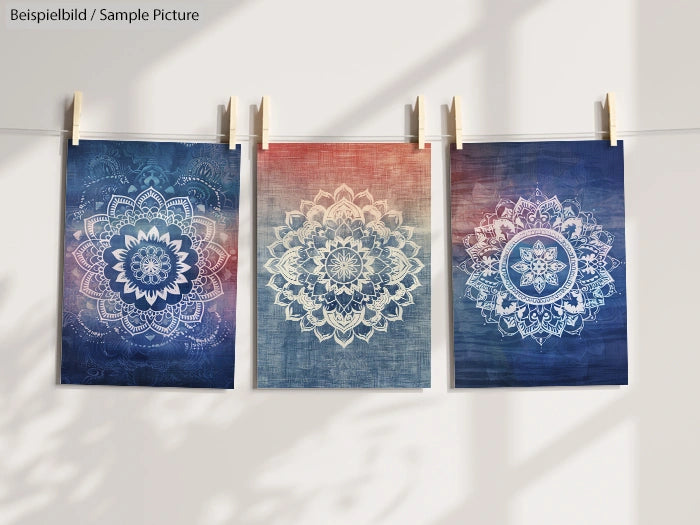 Three mandala artwork prints hanging on a line, each with intricate white designs on blue and red backgrounds.