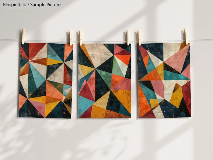 Three abstract geometric paintings with colorful triangles and polygons hanging on a line with clothespins.