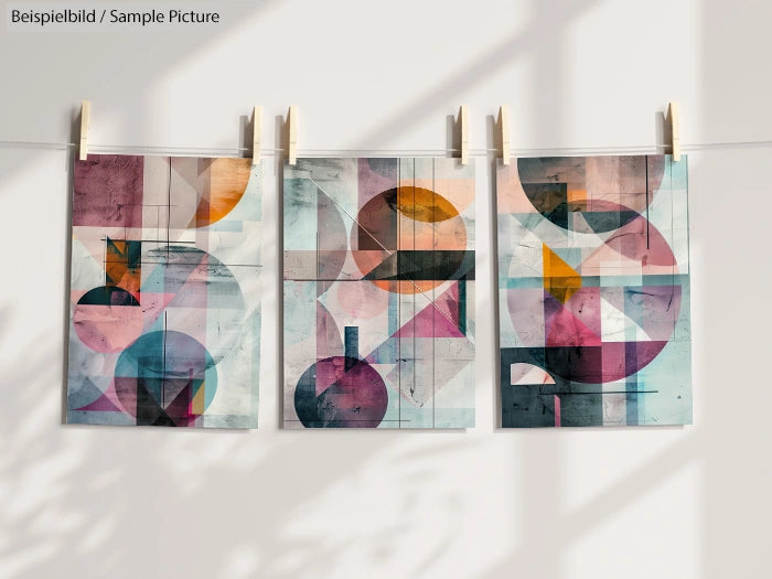 Three abstract art prints with geometric shapes in various colors hanging on a string with clips.