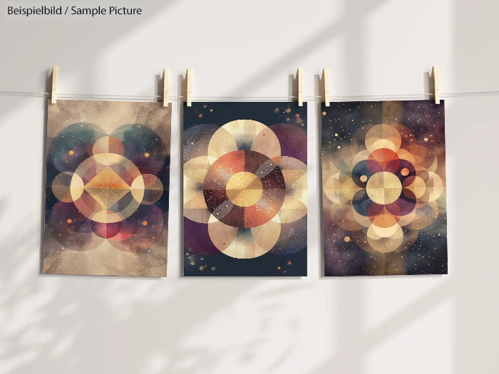 Three abstract geometric art pieces with overlapping shapes hang from a clothesline in natural light.