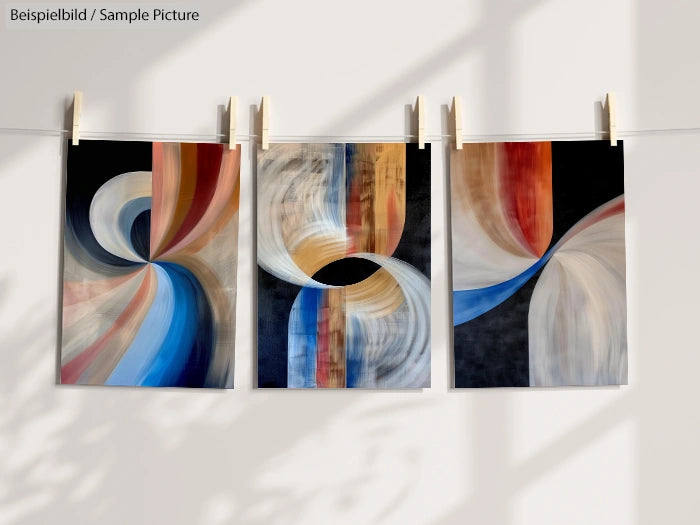 Three abstract paintings with swirling patterns and warm colors, hanging on a line under sunlight.