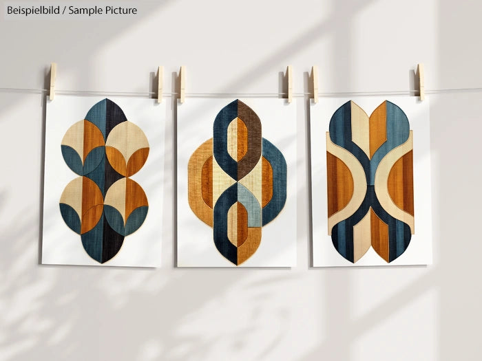 Three geometric abstract art prints with blue, orange, and brown patterns hanging on a line with clothespins.