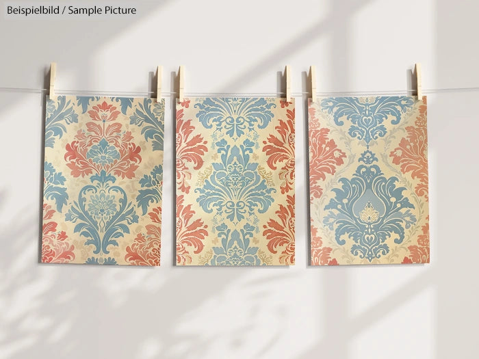 Three decorative cards with vintage floral patterns in blue, red, and beige hanging on a line against a light background.