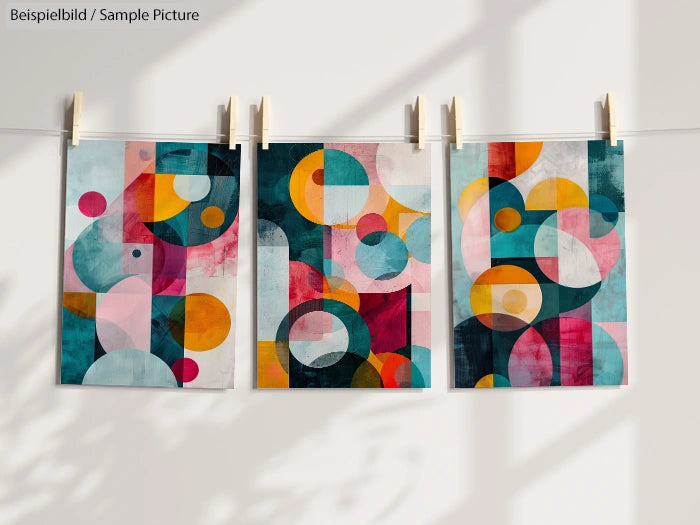 Three abstract art prints with colorful geometric circles and shapes, hanging on a line with clothespins.