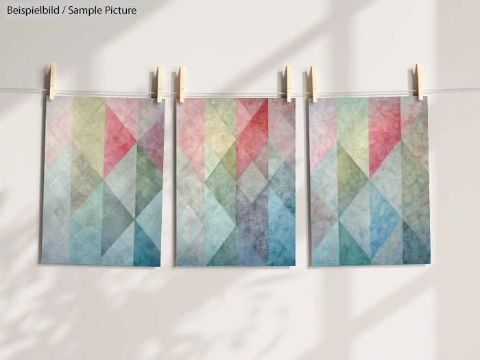 Three abstract geometric prints with pastel colors hanging on a line with wooden clothespins.