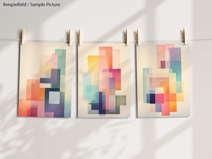 Abstract geometric artworks with vibrant colors on a sunlit wall, secured with clothespins.