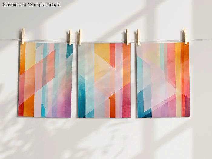 Three colorful geometric abstract posters hanging on a line with clothespins against a sunlit wall.