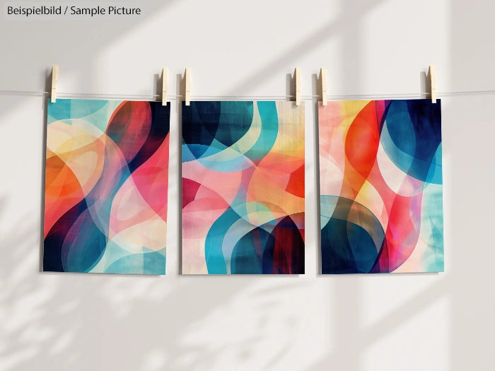 Three abstract paintings with vibrant, overlapping colorful shapes hanging on a line with a sunny backdrop.