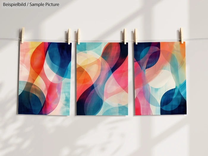 Three abstract art prints with colorful overlapping shapes hanging on a string against a light, shadowy background.