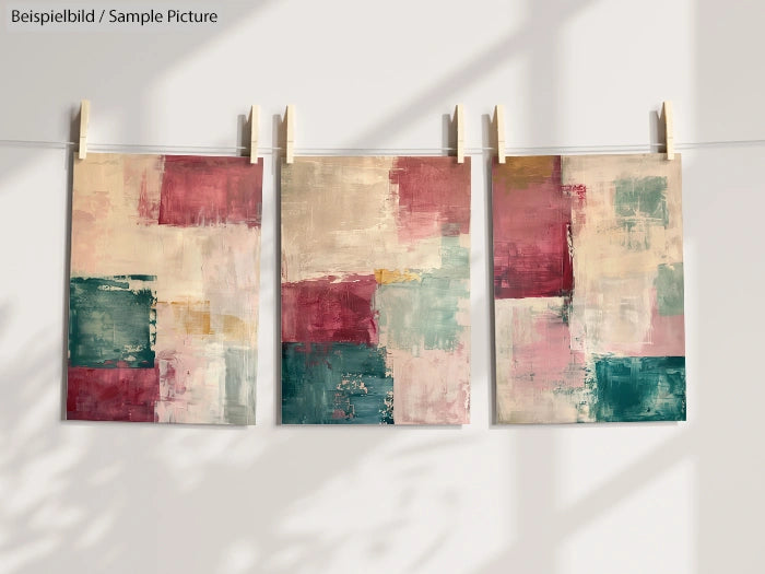 Three abstract paintings in green, pink, and beige tones on a line with clothespins, with shadows on the wall.