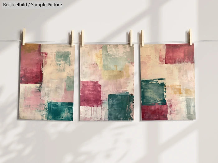 Three abstract paintings with pastel squares in red, green, and beige, hanging on a clothesline.