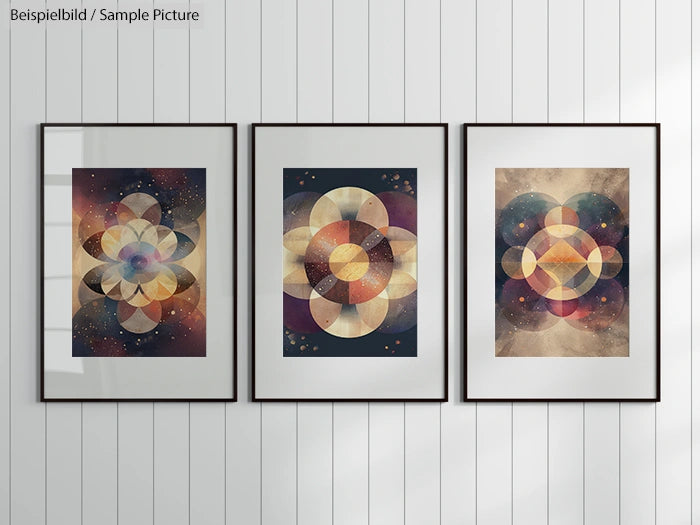 Three framed abstract geometric art prints on a white paneled wall.