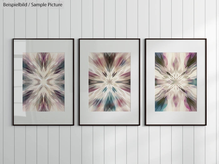 Triptych of abstract geometric artwork with muted colors on a shiplap wall.