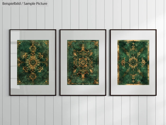 Three framed abstract prints with green and gold patterns on a white paneled wall.