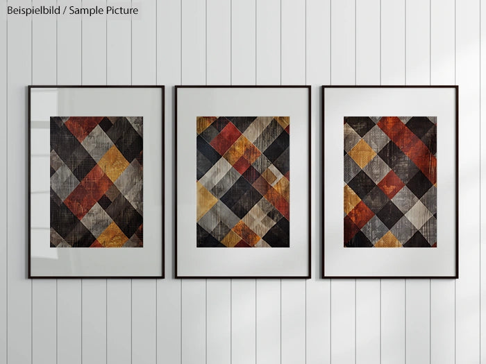 Three framed geometric abstract artworks with earthy tones on a white paneled wall.