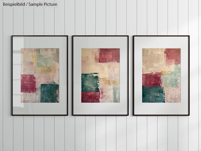 Three abstract paintings in frames on a white paneled wall, each featuring blocks of pink, teal, and beige.