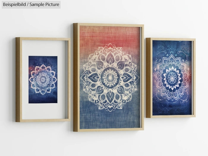 Triptych of framed mandala artwork with intricate white designs on gradient red and blue backgrounds.