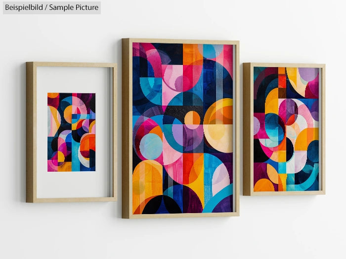 Three framed abstract art pieces with colorful geometric patterns on a white wall.