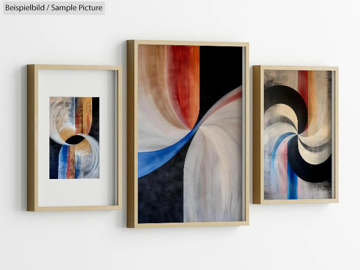 Set of three abstract paintings with swirling patterns in wooden frames on a white wall.