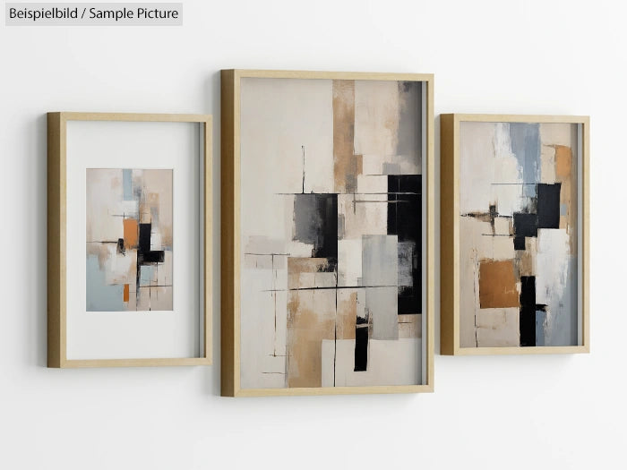 Set of abstract paintings with geometric shapes in beige, black, and gray tones in wooden frames on a white wall.