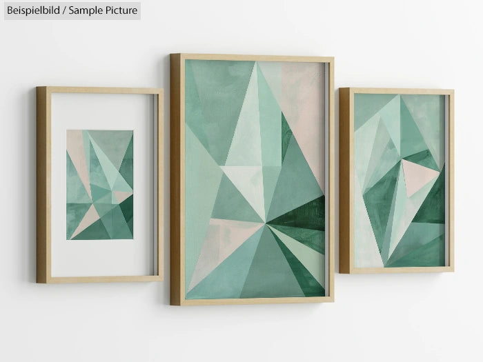 Geometric abstract art in green and beige hues, framed in a wooden triptych display.