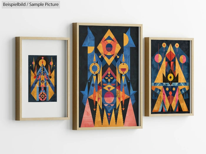 Three framed abstract geometric artworks with vibrant colors and bold shapes on a white wall.