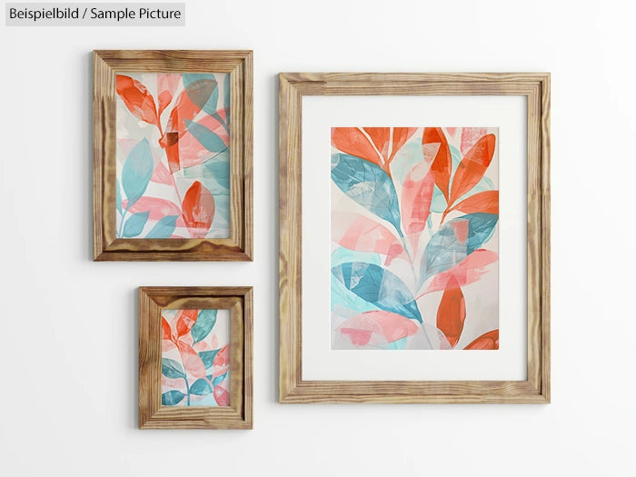 Three framed abstract paintings with colorful leaf patterns in orange, blue, and pink tones on a white wall.