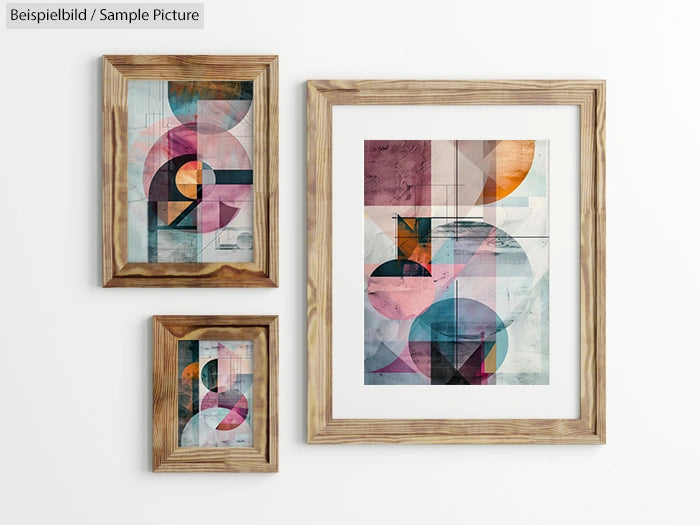 Three framed abstract geometric art prints on a white wall, featuring circles and rectangles with muted colors.