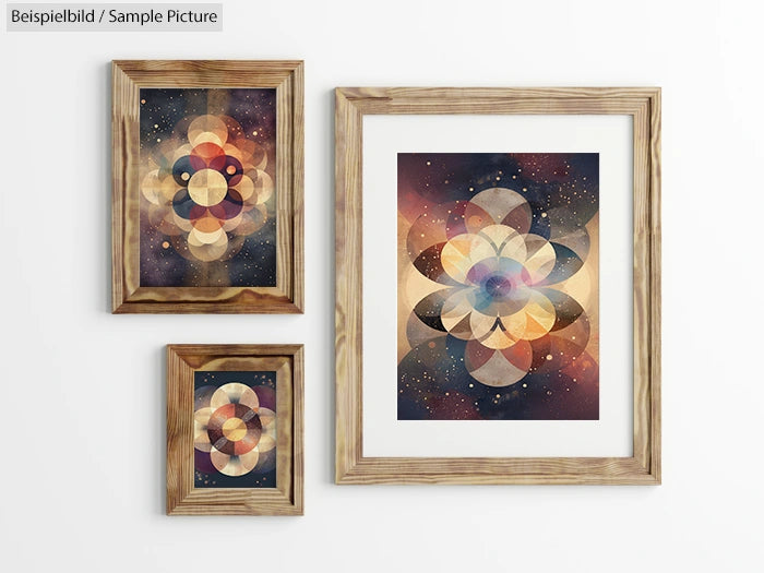 Trio of framed geometric art prints with overlapping circles in earthy tones on a white wall.