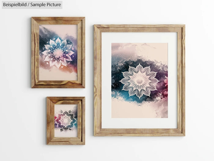 Three framed artworks featuring mandala designs with colorful cosmic backgrounds on a white wall.