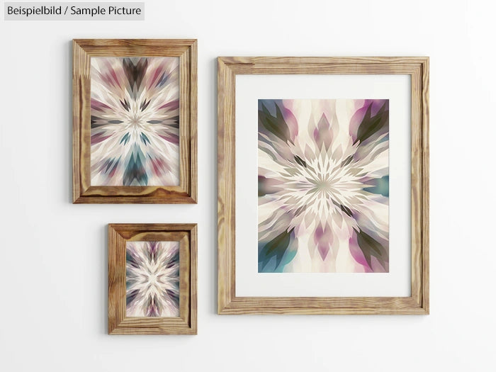 Three wooden-framed abstract art pieces with symmetrical floral patterns in soft pastels on a white wall.