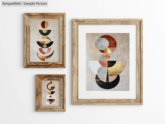 Modern abstract geometric art pieces with circles and semi-circles in earthy tones, framed in wooden frames.