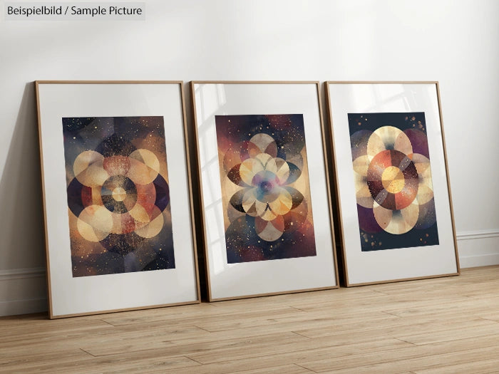 Three geometric abstract art prints with circular patterns in wooden frames displayed on a wooden floor.