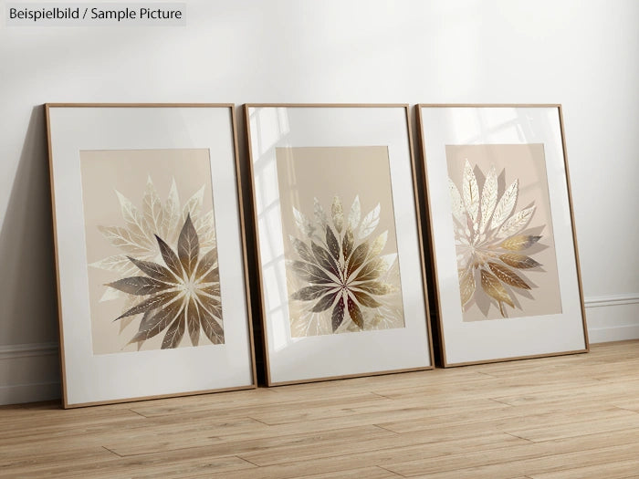 Three framed abstract leaf prints with metallic accents leaning against a white wall on wooden floor.