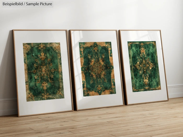 Three framed artworks with intricate green and gold patterns, displayed on a wooden floor against a white wall.