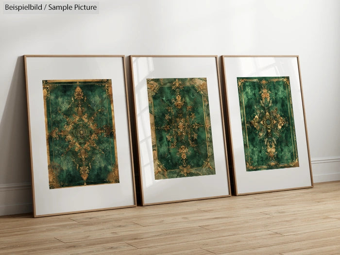 Three framed green and gold abstract prints on a wooden floor against a white wall.