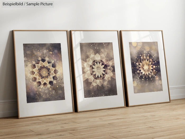 Three framed abstract art prints with geometric star patterns on a wooden floor.