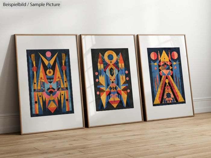 Three framed abstract art prints with geometric shapes in warm tones on a wooden floor against a white wall.