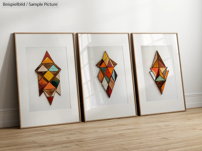 Three framed geometric artworks on a wooden floor, featuring colorful abstract diamond designs.