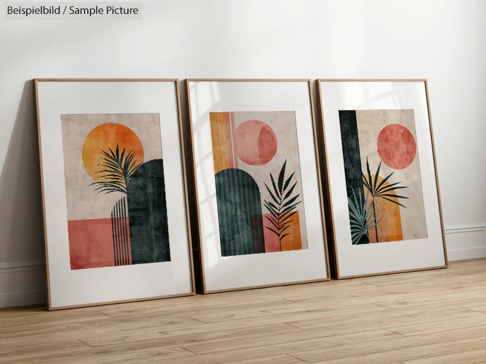 Set of three abstract framed posters with geometric shapes and plant motifs on a wooden floor.