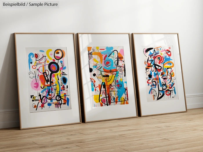 Three framed abstract paintings with colorful geometric shapes on a wooden floor against a light wall.