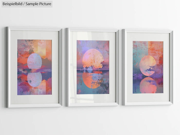 Three abstract paintings of a setting sun in white frames on a wall, featuring pink, purple, and orange hues.