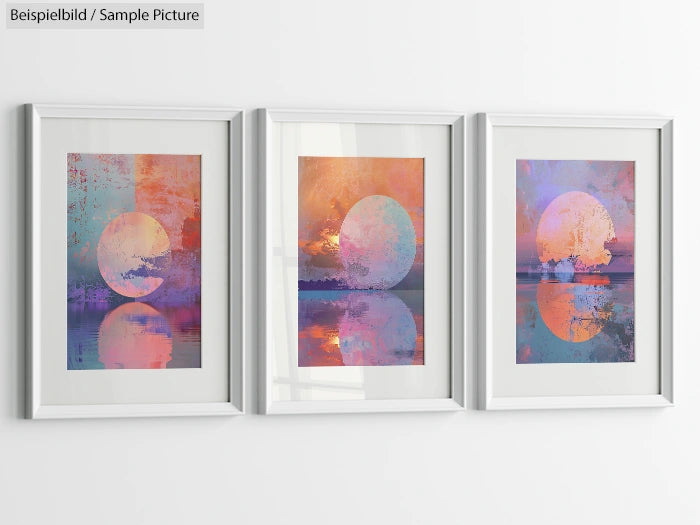 Set of three abstract art pieces with pastel moon shapes and reflections in modern white frames.