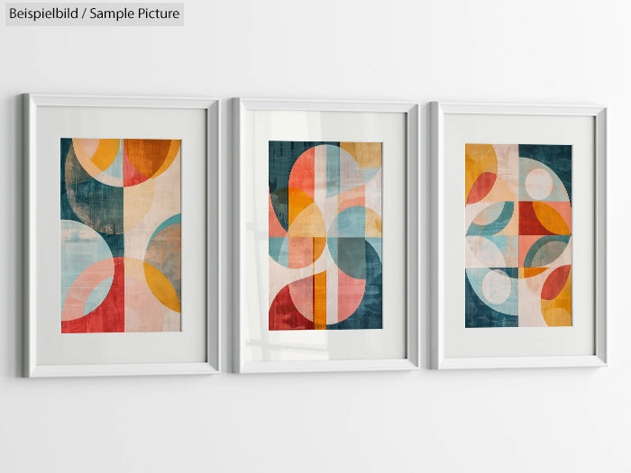 Triptych of abstract prints with geometric shapes in warm colors, framed in white and displayed on a white wall.