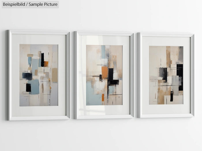 Set of three abstract paintings in light colors with geometric shapes, framed in white and hung on a white wall.