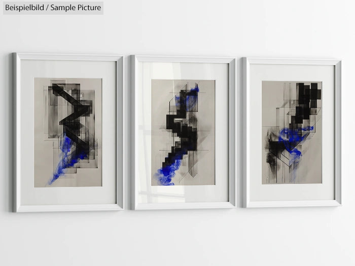 Triptych of abstract art with geometric shapes in black and blue on white background, framed and mounted on a wall.