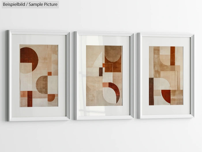 Triptych art prints in white frames featuring abstract geometric designs in beige, brown, and rust tones on a white wall.